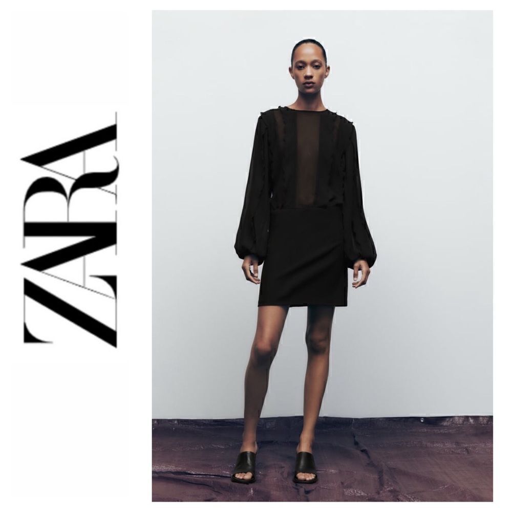 NWT Zara Black Short Ruffled Long Sleeve Dress, Size Small